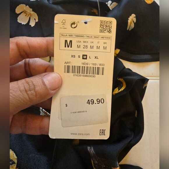 NWT Zara Floral Bird Black Dress Bell Sleeves Size M - Picture 6 of 11